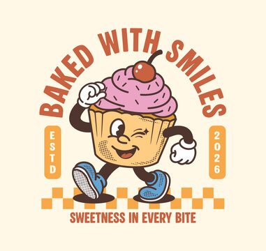 Colorful retro cupcake mascot cartoon with cherry topping and vintage typography. Fun hand drawn illustration for bakery, dessert, cafe, t shirt, sticker, and apparel designs