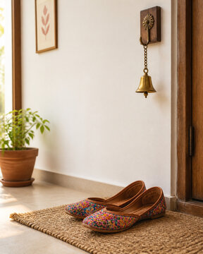 Colorful embroidered jutti shoes on jute mat with brass bell, entryway decor concept