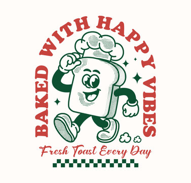 Retro toast chef mascot cartoon with playful vintage typography and cheerful bakery vibes. Hand drawn illustration perfect for food, breakfast, cafe, and apparel designs