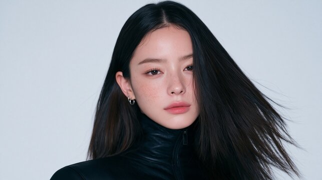 Young woman in a glossy black high-neck top faces forward as her long hair sweeps sideways, combining restrained emotion with dynamic fashion movement.