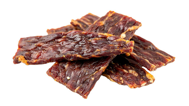 Delicious dried beef jerky pieces isolated on a white background