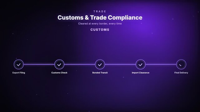 Customs & Trade Compliance Supply chain node network diagram corporate compliance motion graphic animation, purple color scheme, 4K