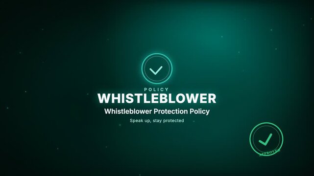 Whistleblower Protection Policy Certification badge corporate compliance motion graphic animation with animated APPROVED rubber stamp seal, teal color scheme, 4K