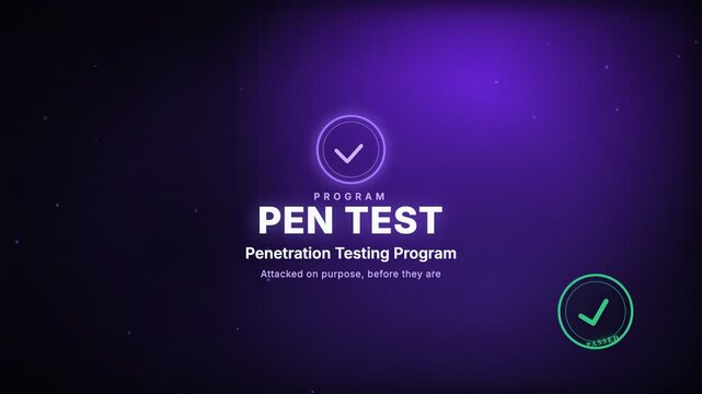 Penetration Testing Program Certification badge corporate compliance motion graphic animation with animated PASSED rubber stamp seal, purple color scheme, 4K