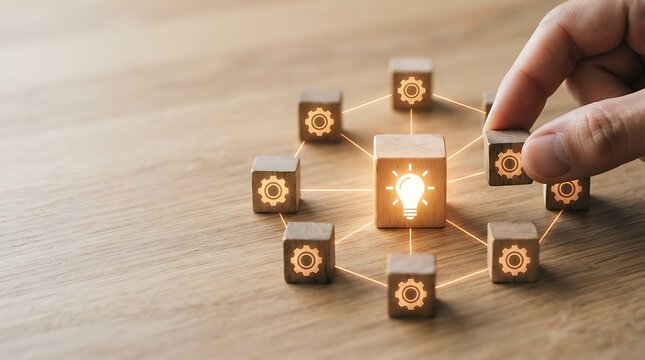 Hand placing an illuminated lightbulb cube amidst connected gear blocks, symbolizing innovative collaboration and strategic problem-solving for business success