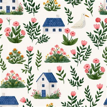 Seamless folk-style pattern of blue-roof cottages, pink tulips, leafy branches, and potted garden flowers on a warm cream ground for fabric and stationery.