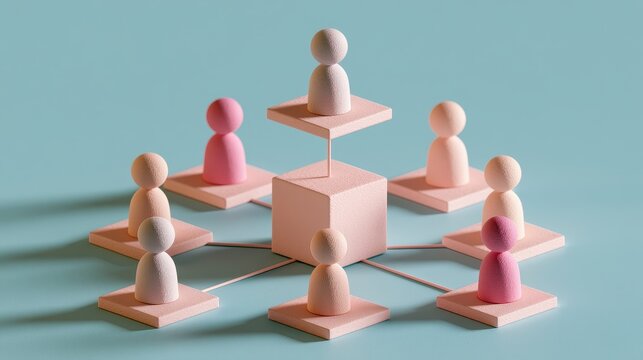 Strategic planning symbolic people distribution organizational chart business modeling management process visual communication flat design side view consulting theme 3D render colored pastel. 