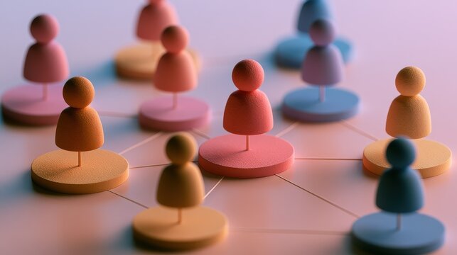 Strategic planning symbolic people distribution organizational chart business modeling management process visual communication flat design side view consulting theme 3D render colored pastel. 