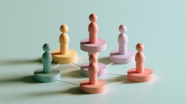 Strategic planning symbolic people distribution organizational chart business modeling management process visual communication flat design side view consulting theme 3D render colored pastel. 