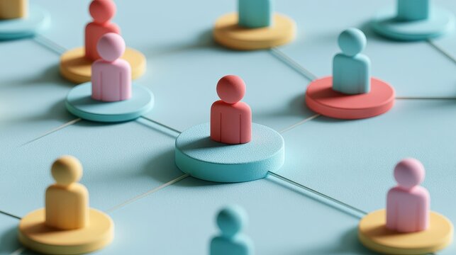 Strategic planning symbolic people distribution organizational chart business modeling management process visual communication flat design side view consulting theme 3D render colored pastel. 