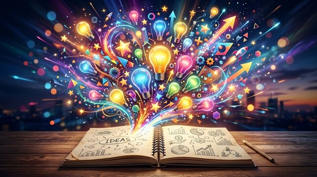 Open book on a wooden table with a magical explosion of colorful light bulbs and creative ideas