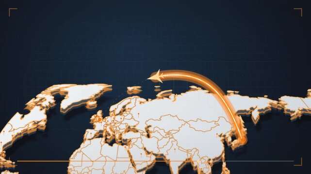 A glowing aviation route sweeps from East Asia toward Western Europe on a cinematic map, visualizing global trade and travel for logistics ads and corporate reports