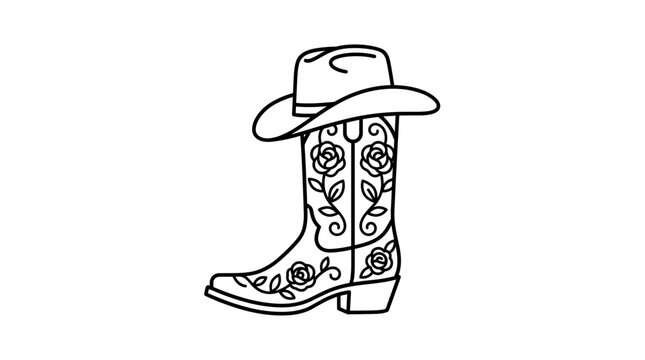 Line art illustration of a cowboy boot decorated with roses, topped with a cowboy hat.