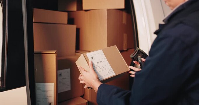 Scanner, package and hands of deliveryman by van for pricing, barcode or logistics information. Supply chain, cardboard boxes and employee with parcel for courier, distribution or cargo shipping.