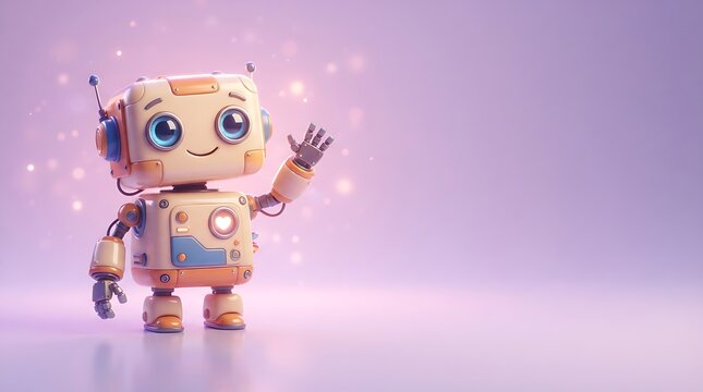 Cute friendly robot waving hello on soft purple background with glowing sparkles