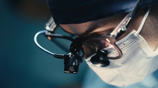 Portrait of a surgeon in an operating room. The doctor uses binocular loupes for precision and closely monitors the surgical procedure.