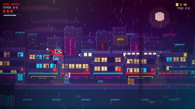 A side-scrolling pixel character moves across a rain-soaked neon metropolis in a seamless arcade loop, suited to game trailers, streaming layouts, and digital ads.