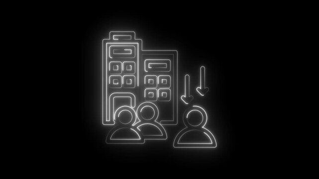 Neon outline of office building with people icons and downward arrows symbolizing downsizing or