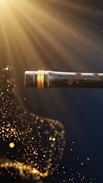 3D Bamboo Flute with Gold Tassel Floating Amidst Soft Particle Light Rays on Dark Navy Blue Background, Divine Sacred Instrument Vector Illustration for Krishna Janmashtami Celebration Banners