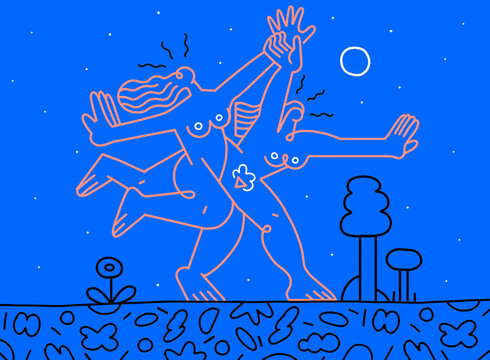 Two People Running Together in Playful Outdoor Line Illustration