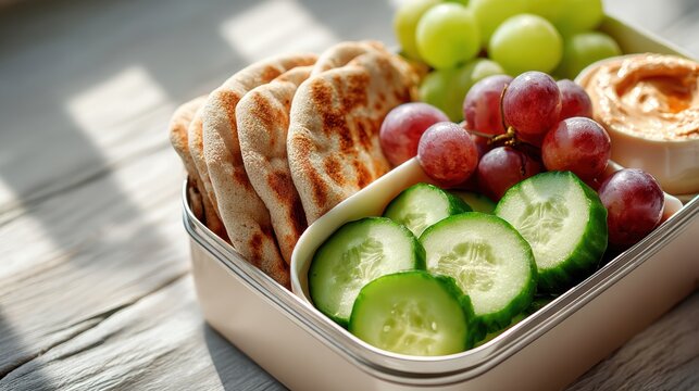 Healthy lunch box with pita bread, hummus, cucumber and grapes