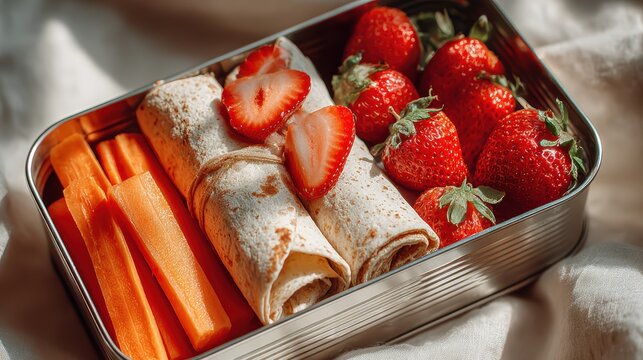 Healthy lunch box with wraps, fresh strawberries, and carrot sticks