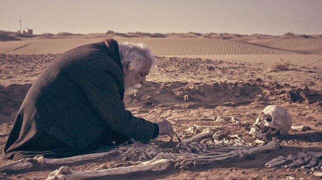 Elderly person meticulously excavates a human skeleton in a desolate desert landscape.