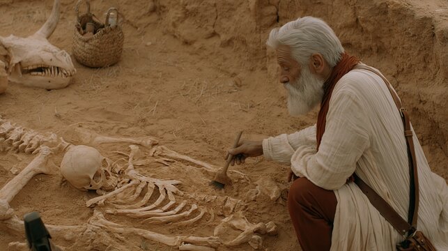 Elderly archaeologist carefully excavates ancient human skeleton in desert setting.