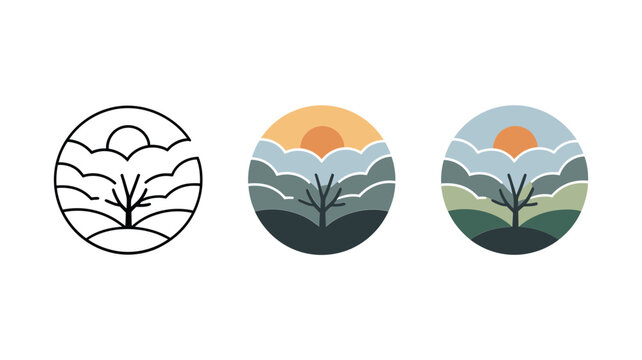Minimalist landscape logo set, circular nature icons, 3 vector outdoor badges Editable Vector