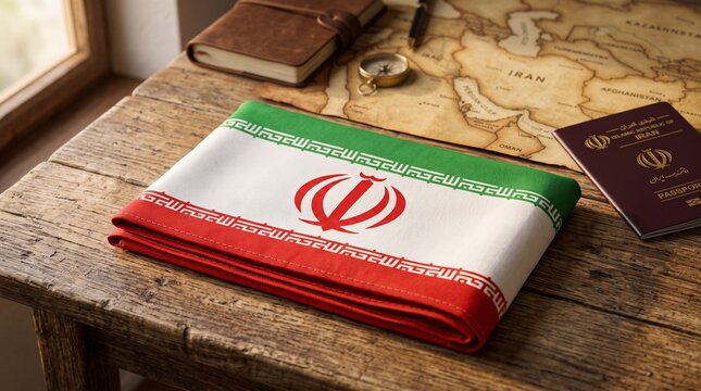 Iranian Flag and Passport on a Vintage Wooden Table with World Map
