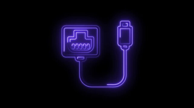Neon glowing Ethernet connector and plug symbol animation on icon black background digital