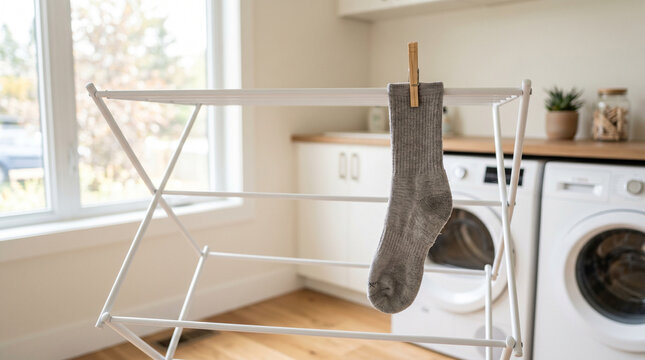 Gray sock hanging on drying rack in modern laundry room  