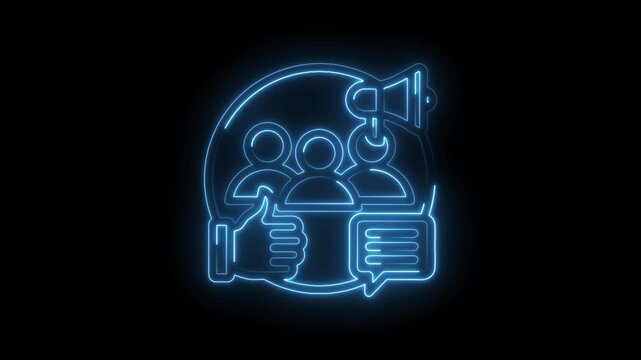 Neon blue outline of social media engagement icons including a group of people a megaphone a