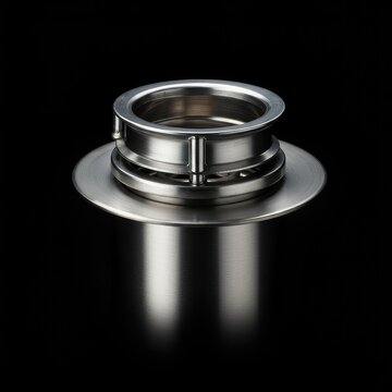 Close up detail of a modern kitchen sink drain opening featuring the stainless steel flange of a waste disposal unit used for grinding food refuse ,Garbage disposal ,drain ,repair