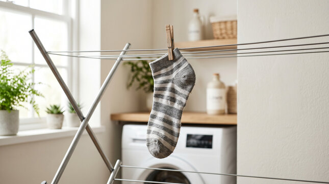 Gray striped sock hanging on drying rack in laundry room  