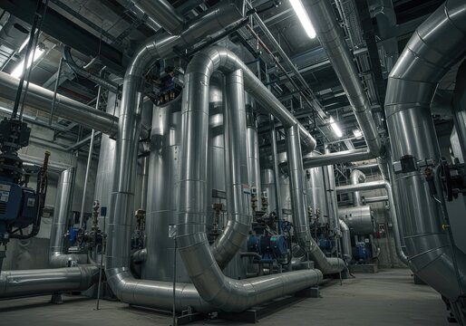 Complex industrial utility room featuring massive heating machinery. Intricate network of metallic pipes, large valves, and essential infrastructure components ,connection ,Boiler room ,mechanism