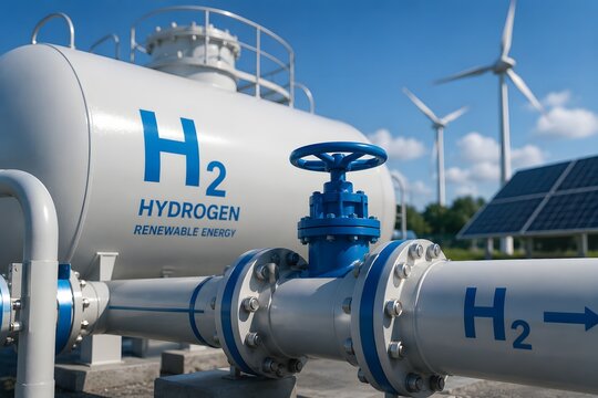 Hydrogen energy storage tank with renewable energy sources such as wind turbines and solar panels in the background, representing a sustainable future and green technology.