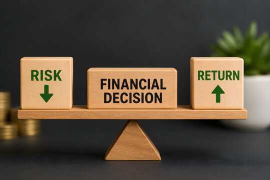Financial decision balancing risk and return, illustrated with wooden blocks and a balance scale for the concept of investment and finance.