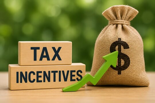 Tax incentive concept with a money bag and rising arrow, business growth idea.