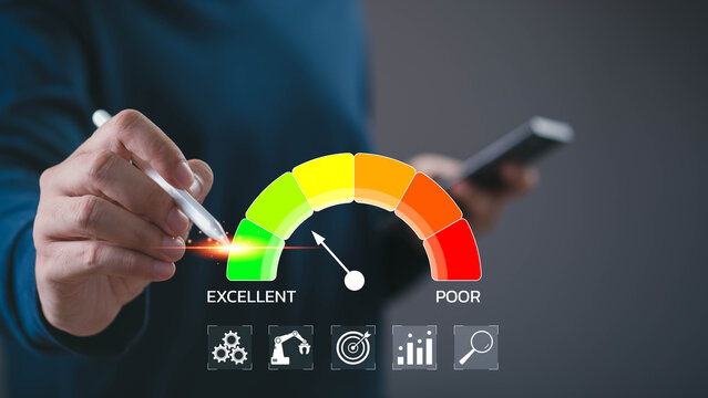 Business professional improving a performance indicator dashboard with an excellent rating, representing KPI measurement, performance, quality management, productivity, optimization and improvement.