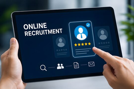 Tablet showing online recruitment interface, concept of digital job searching and hiring.