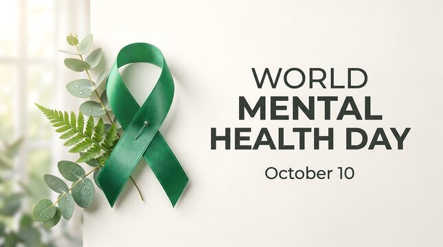 World mental health day illustration featuring a green awareness ribbon and natural leaves for october 10th