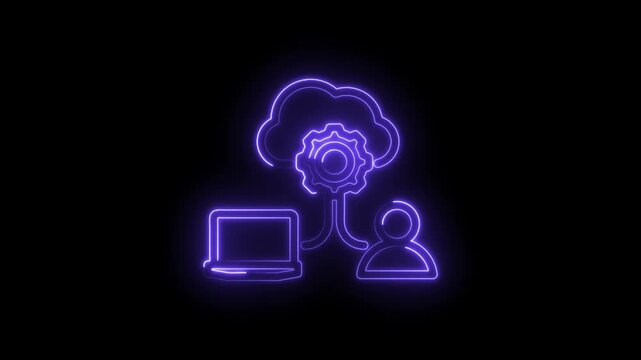 Neon cloud computing icon with gear and laptop connected to user symbol digital network