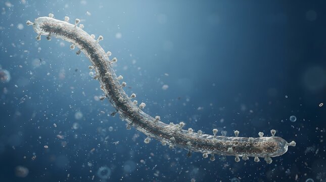 3D render of a microscopic filamentous virus or bacterium in fluid, representing a pathogen. Biology and health concept.