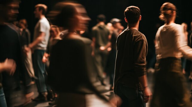Blurred motion of actors walking on stage during theater rehearsal