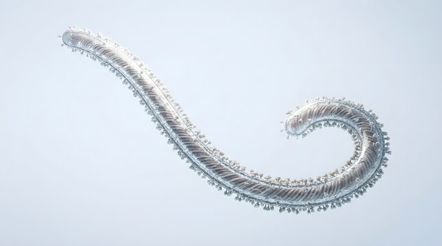 Abstract silver segmented worm-like structure with texture. Microscopic organism, virus, or futuristic nanobot concept on light background.