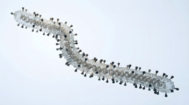 3D rendering of a filamentous virus-like particle with spike proteins on a light background