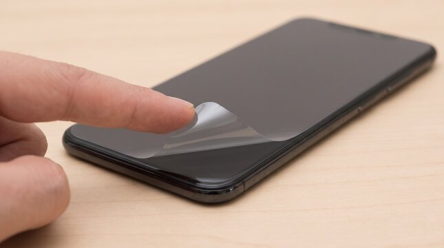Finger peeling a protective film off a smartphone screen