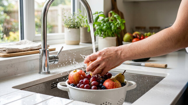 Washing fresh fruit in a colander at a modern kitchen sink  