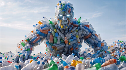 Naklejka premium Colossal monster made of plastic waste rising from sea of discarded bottles. Environmental pollution and ecological crisis concept.